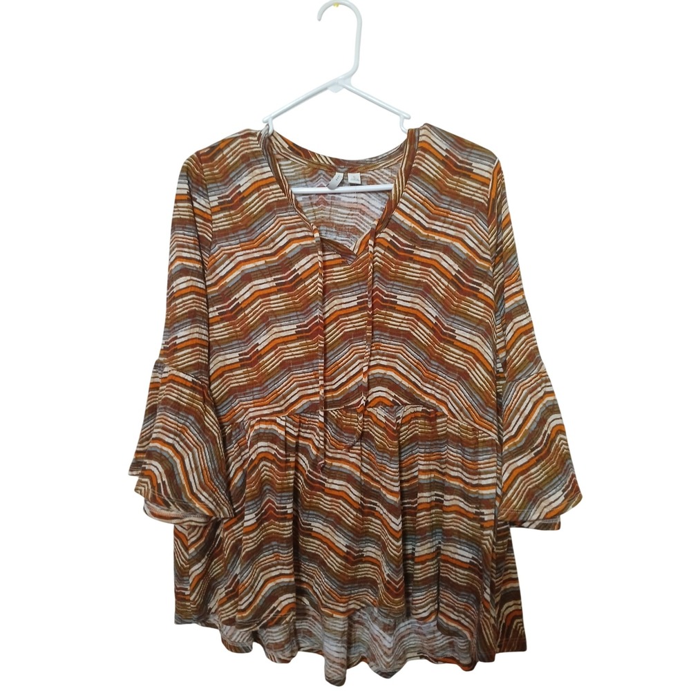 Est. 1946 Blouse Size S Brown Orange Bell Sleeve Peasant Top Chevron Pattern